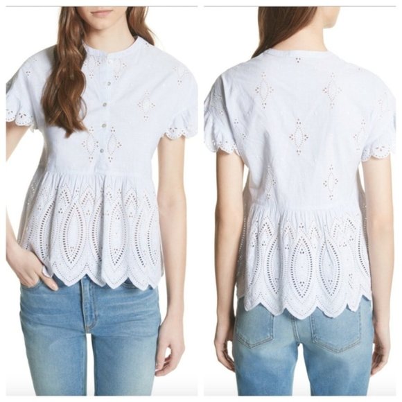 Joie Cerelia Striped Broderie Anglaise Trimmed Cotton Top Peplum Blue - Picture 9 of 9